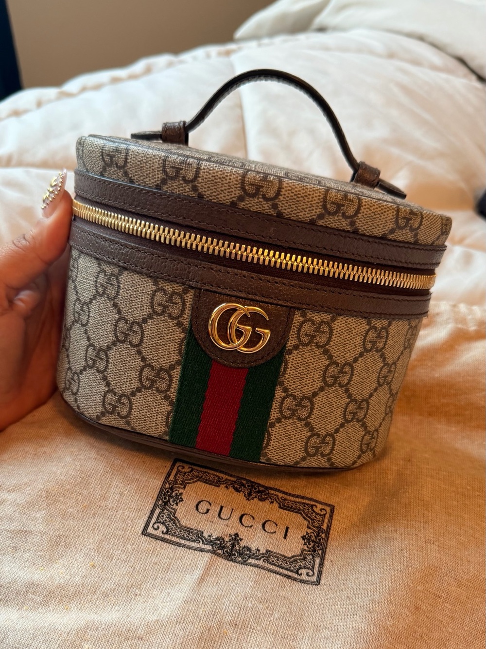 Gucci Beige Brown GG Canvas Vanity Case with Green-Red Web